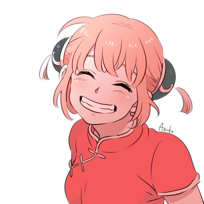 1girl, bun_cover, chinese_clothes, closed_eyes, double_bun, female_focus, gintama, grin