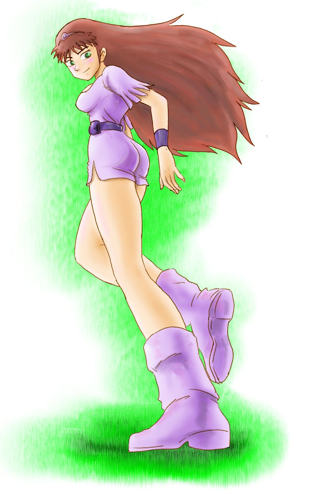 1980s_(style), 1girl, artist_request, ass, bare_legs, boots, female_focus, green_eyes