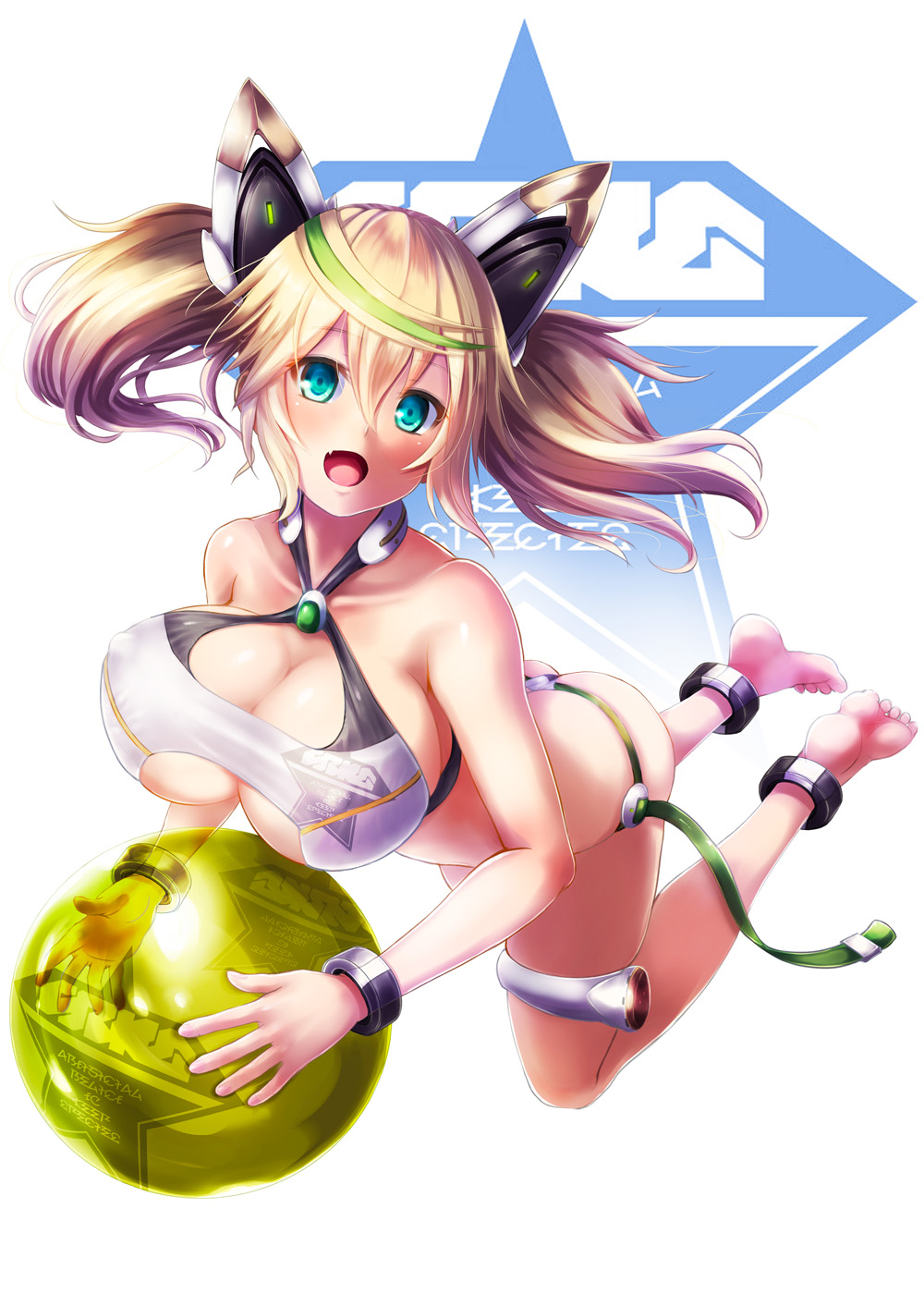 1girl, ankle_strap, ass, ball, bare_arms, bare_shoulders, barefoot, beachball