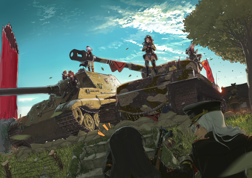 6+girls, ^^^, alternate_costume, banner, barbed_wire, binoculars, braid, character_request