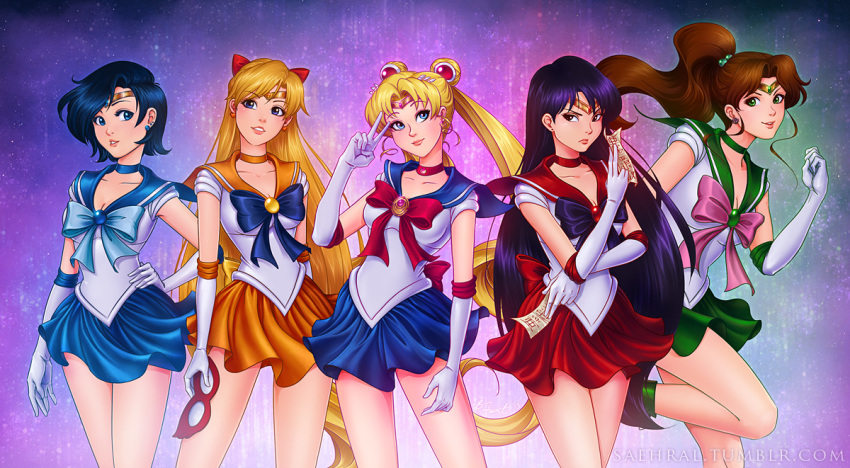 5girls, aino_minako, bishoujo_senshi_sailor_moon, bishoujo_senshi_sailor_moon_(first_season), blonde_hair, blue_eyes, blue_hair, blue_sailor_collar, blue_skirt, boots, bow, breasts, brittany_fuerst, brooch, brown_hair, choker, circlet, cleavage, closed_mouth, collarbone, crescent, crescent_earrings, domino_mask, double_bun, earrings, elbow_gloves, eye_mask, feet_out_of_frame, female_focus, gloves, green_eyes, green_skirt, hair_bobbles, hair_bun, hair_ornament, hand_on_own_hip, heart, heart_earrings, heroes'_gallery, hino_rei, inner_senshi, jewelry, kino_makoto, legs_apart, lips, long_hair, looking_at_viewer, magical_girl, mask, medium_breasts, miniskirt, mizuno_ami, multiple_girls, nose, parted_lips, ponytail, purple_hair, red_skirt, sailor_collar, sailor_jupiter, sailor_mars, sailor_mercury, sailor_moon, sailor_senshi, sailor_venus, school_uniform, serafuku, short_hair, simple_background, skirt, smile, standing, standing_on_one_leg, stud_earrings, tiara, tsukino_usagi, twintails, v, watermark, web_address, white_gloves, yellow_skirt