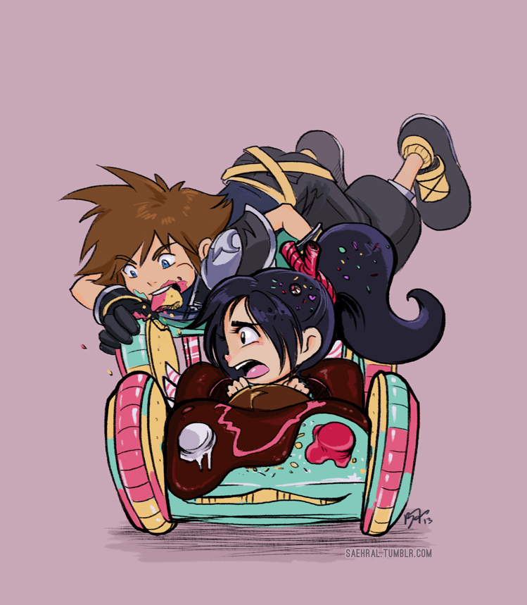 1boy, 1girl, black_eyes, black_gloves, blue_eyes, brittany_fuerst, brown_hair, candy