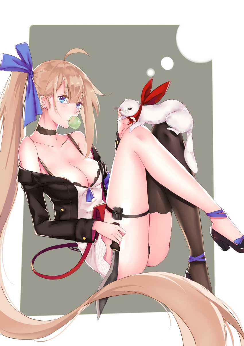 1girl, absurdres, ahoge, animal, ankle_ribbon, asymmetrical_hair, bare_shoulders, black_bra