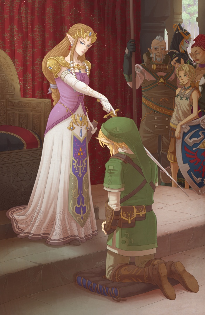 2boys, 5girls, ashei, auru, blonde_hair, blue_eyes, boots, brown_footwear