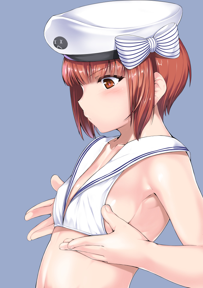 >:(, 10s, 1girl, armpits, bikini, breast_conscious, breasts, brown_eyes, brown_hair, collarbone, female_focus, from_side, frown, hat, kantai_collection, lips, looking_down, mr.lostman, profile, sailor_bikini, sailor_collar, sailor_hat, serious, short_hair, sideboob, small_breasts, solo, swimsuit, upper_body, v-shaped_eyebrows, white_bikini, white_hat, z3_max_schultz_(kancolle), z3_max_schultz_(swimsuit)_(kancolle)