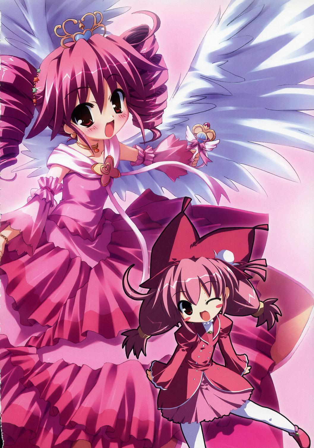 angel_wings, artbook, blush, crown, dress, fine_(futagohime), fine_(grand_universal_princess)_(futagohime), hair_ornament, highres, long_hair, purple_hair, red_eyes, scan, standing, takeponi, wings