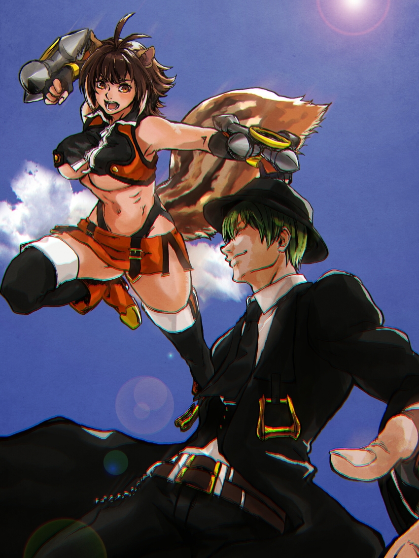 1boy, 1girl, angry, animal_ears, antenna_hair, armpits, bad_id, bad_pixiv_id, bare_shoulders, black_gloves, black_thighhighs, blazblue, breasts, brown_hair, chromatic_aberration, closed_eyes, cloud, cloudy_sky, crop_top, cryolite, day, evil_grin, evil_smile, fedora, fighting, fingerless_gloves, formal_clothes, from_below, gloves, green_hair, grin, hat, hazama, highleg, highres, large_breasts, lens_flare, light_particles, makoto_nanaya, microskirt, midriff, miniskirt, multicolored_hair, navel, necktie, orange_eyes, orange_skirt, punching, revealing_clothes, short_hair, side_slit, skirt, sky, smile, squirrel_ears, squirrel_tail, suit, tail, thighhighs, tonfa, two-tone_hair, underboob, weapon
