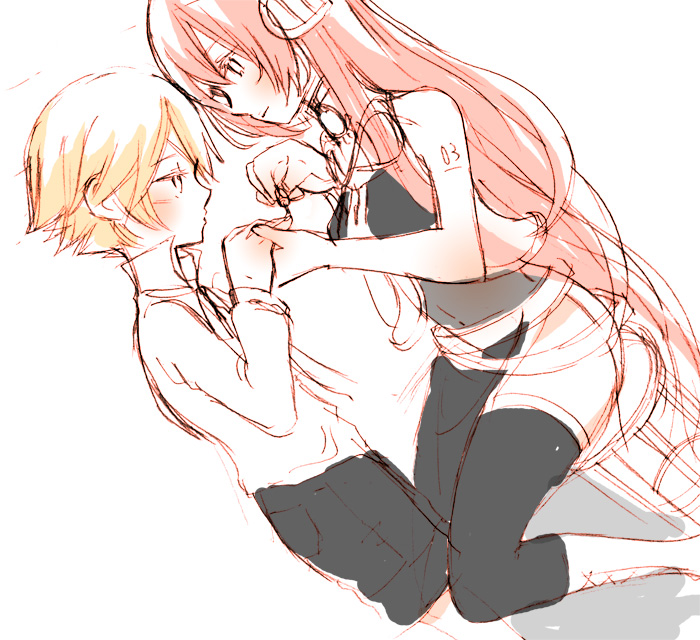 1boy, 1girl, age_difference, bandages, blonde_hair, blush, body_blush, boots, bowtie, child, collared_shirt, dutch_angle, from_side, height_difference, long_hair, looking_at_another, megurine_luka, miza-sore, nail_polish, oliver_(vocaloid), painting_(action), partially_colored, pink_hair, shorts, simple_background, sitting, size_difference, smile, thighhighs, vocaloid, white_background