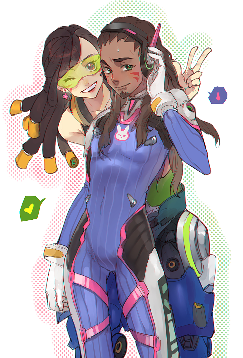 1boy, 1girl, ;d, acronym, alternate_hairstyle, animal_print, armor, bare_shoulders, bodysuit, boots, bracer, brown_hair, cako_(a_ben), closed_mouth, collarbone, cosplay, costume_switch, cowboy_shot, d.va_(overwatch), d.va_(overwatch)_(cosplay), dark-skinned_male, dark_skin, dreadlocks, earrings, eyelashes, facepaint, facial_hair, facial_mark, forehead, glasses, gloves, goatee, green-tinted_eyewear, green_eyes, grin, hair_down, hairstyle_switch, hand_on_headphones, hand_up, headphones, heart, highres, jewelry, legs_apart, lips, lipstick, long_hair, long_sleeves, looking_at_viewer, lucio_(overwatch), lucio_(overwatch)_(cosplay), makeup, mecha_pilot_suit, one_eye_closed, open_mouth, overwatch, overwatch_1, pauldrons, pink_eyes, pink_lips, rabbit_print, ribbed_bodysuit, shoulder_armor, shoulder_pads, simple_background, skin_tight, smile, spoken_heart, star_(symbol), star_earrings, sunglasses, sweatdrop, tank_top, tattoo, teeth, thigh_boots, thigh_strap, thighhighs, tinted_eyewear, turtleneck, visor, w, whisker_markings, white_background, white_footwear, white_gloves