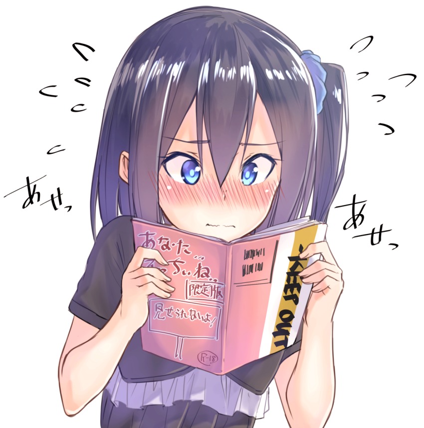 1girl, black_hair, black_shirt, blue_eyes, blush, book, book_focus, embarrassed