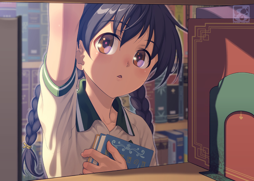 1girl, :o, arm_up, blurry, book, bookend, bookshelf, braid