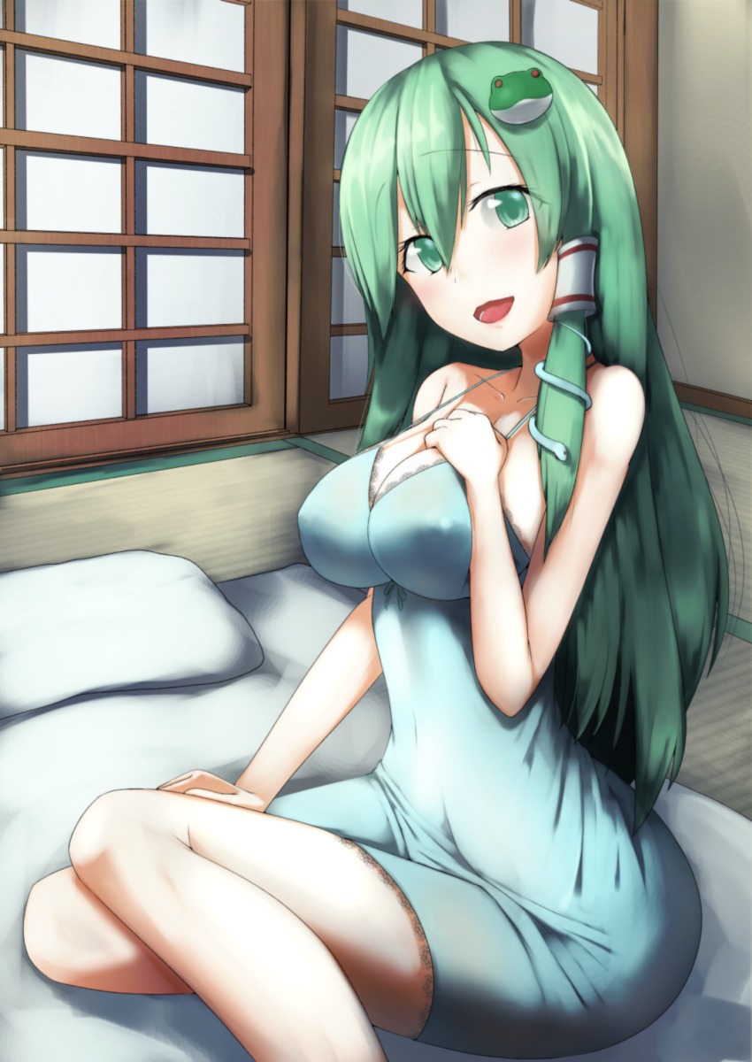 1girl, breasts, cleavage, denki_(biribiri), dress, eyebrows, female_focus, frog_hair_ornament