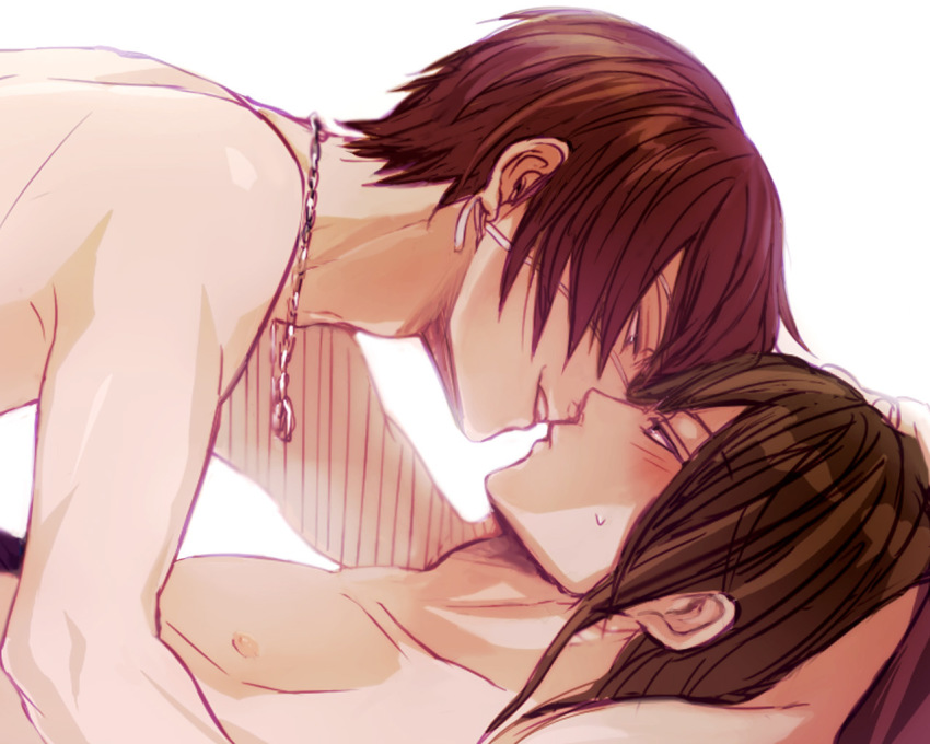 2boys, blush, brown_eyes, brown_hair, couple, gintama, jewelry, katsura_kotaro