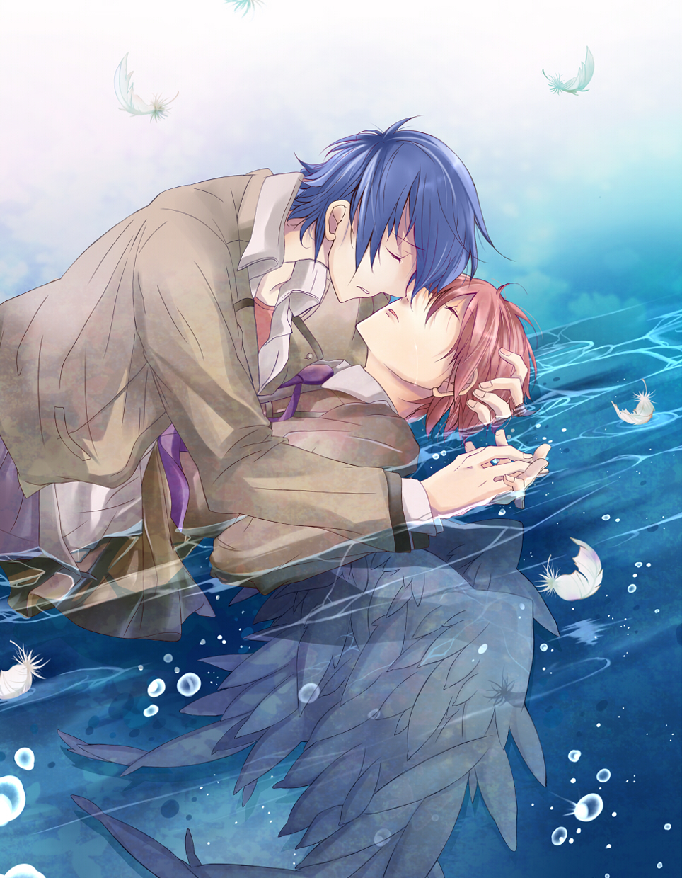 2boys, angel_beats!, blue_hair, couple, feathers, holding_hands, highres, hinata_hideki, hug, male_focus, multiple_boys, necktie, orange_hair, otonashi, sad, school_uniform, short_hair, water, wings, yaoi