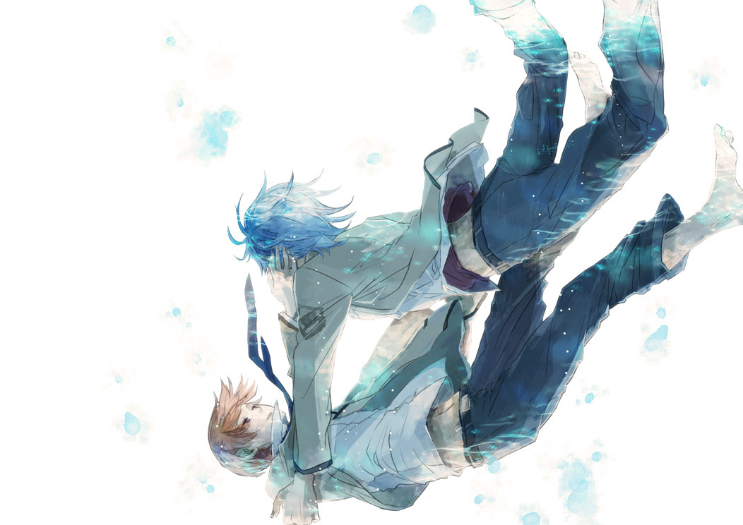 2boys, angel_beats!, barefoot, blue_hair, couple, happy, hinata_hideki, male_focus