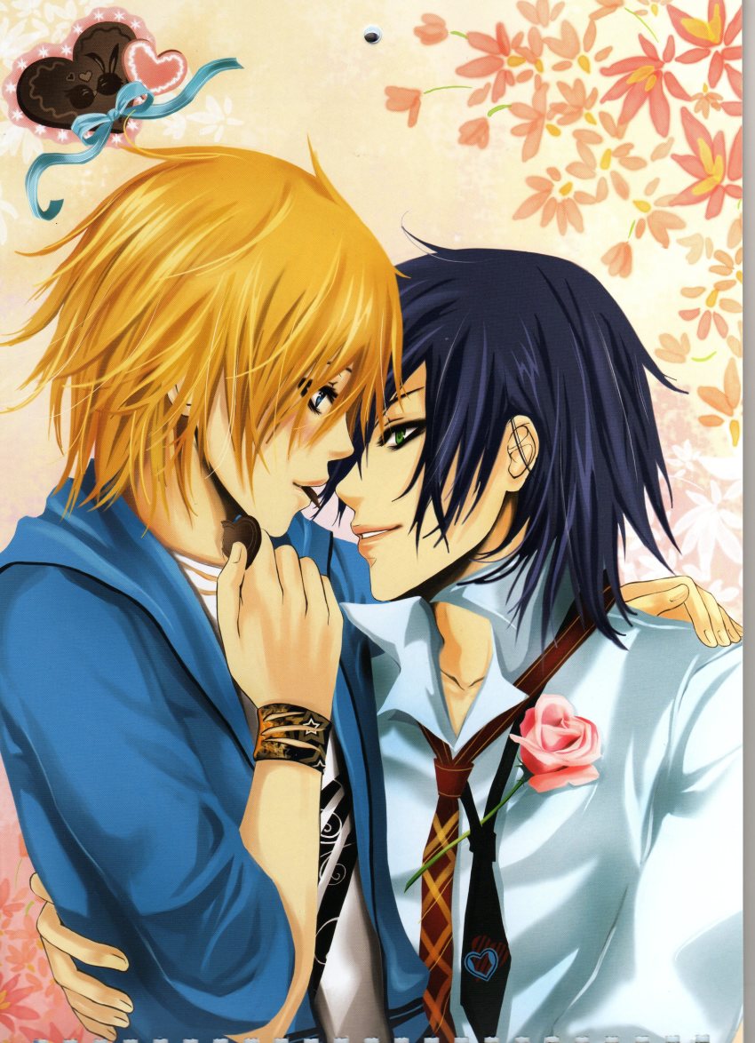 2boys, absurdres, alan, black_hair, blonde_hair, blue_eyes, blush, couple