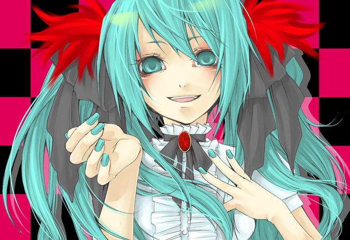 1girl, aqua_eyes, aqua_hair, aqua_nails, female_focus, gem, hatsune_miku, long_hair, nail_polish, sezco, solo, vocaloid, world_is_mine_(vocaloid), yandere