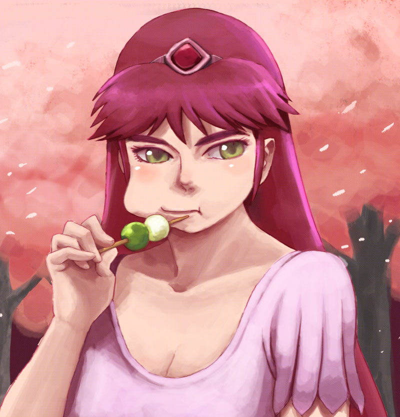 1980s_(style), 1girl, bad_id, bad_pixiv_id, breasts, cleavage, dango, eating, female_focus, food, green_eyes, hanami, hilmuka, kikou-kai_galient, lafolie, long_hair, oldschool, outdoors, plant, red_hair, retro_artstyle, sanshoku_dango, solo, tree, upper_body, wagashi