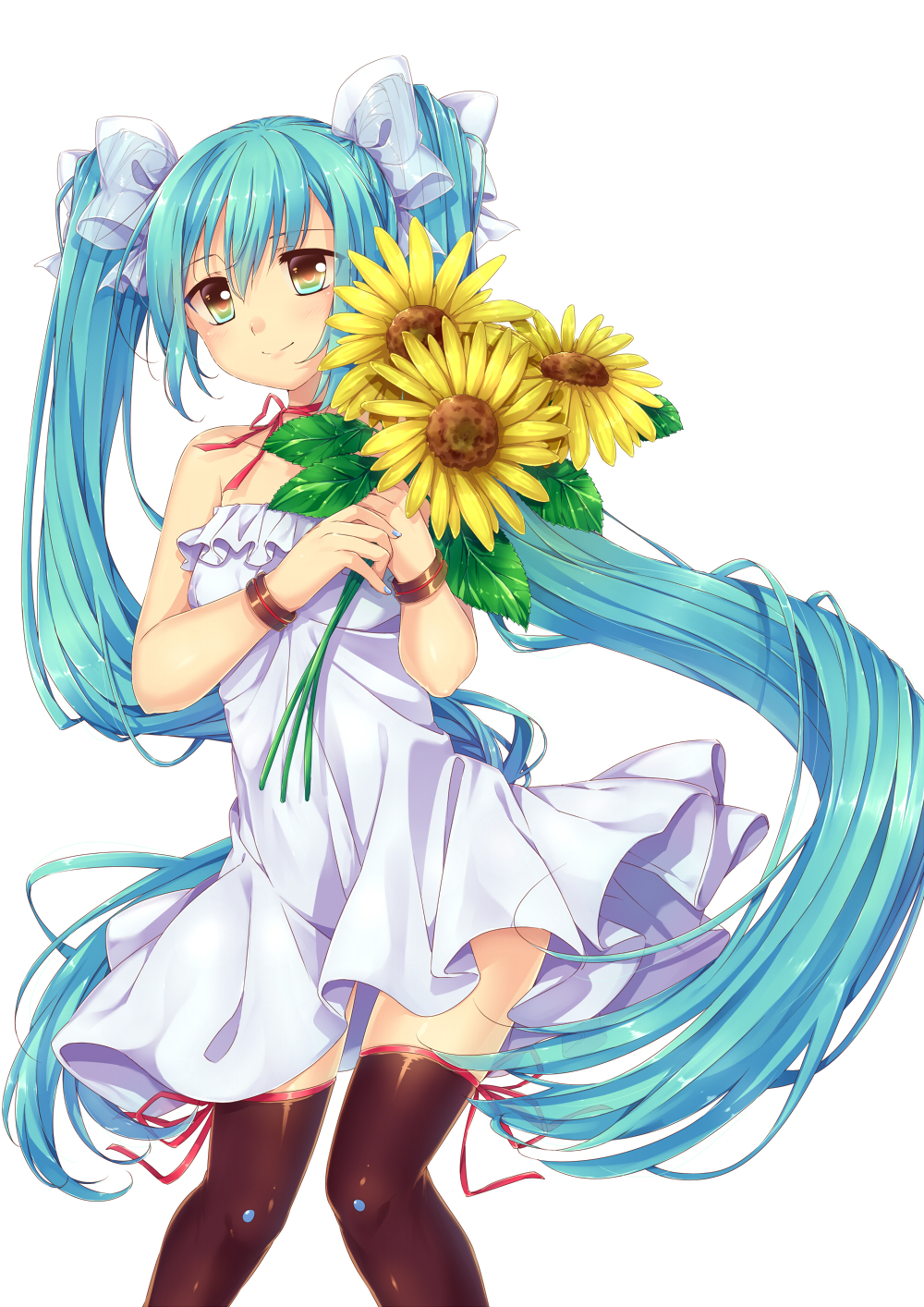 1girl, aqua_eyes, blue_nails, bow, bracelet, dress, female_focus, flower
