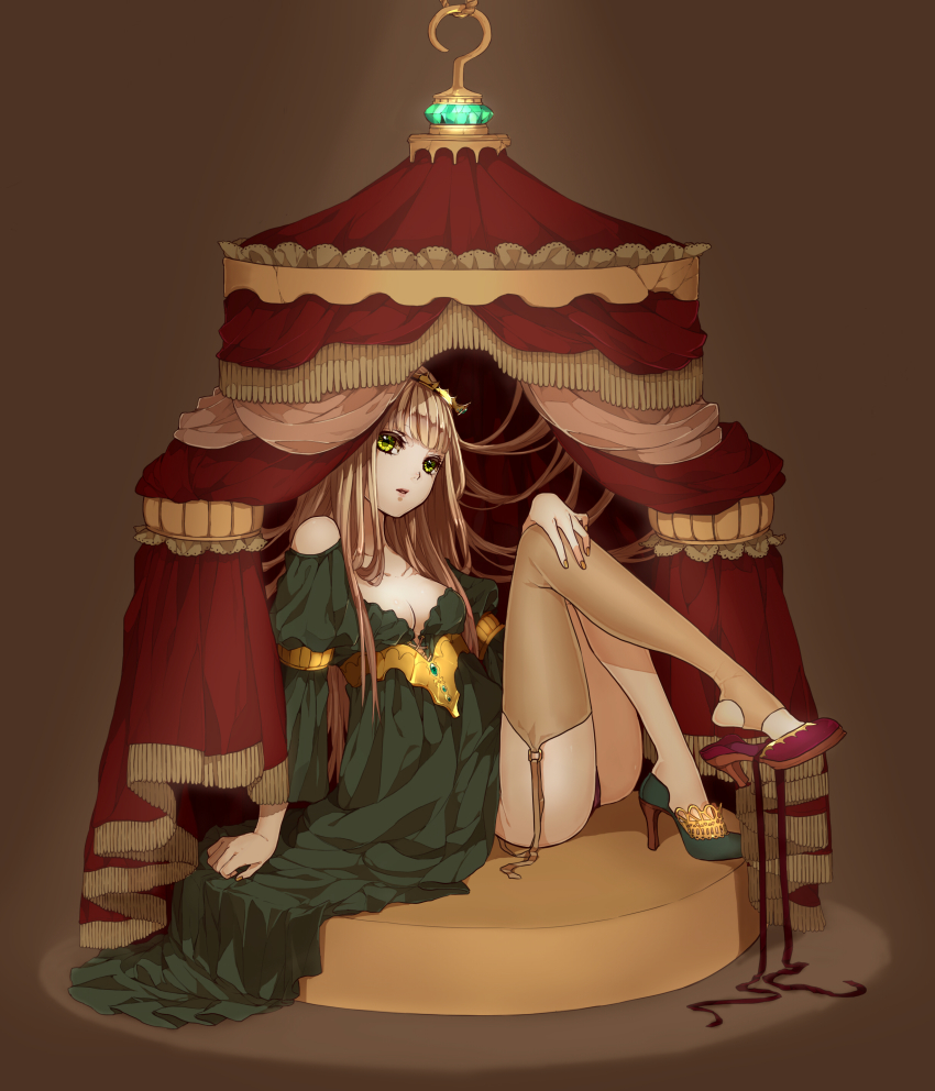 1girl, absurdres, armband, asymmetrical_footwear, black_dress, blonde_hair, breasts, brown_background, cleavage, clothing_cutout, commentary_request, crown, curtains, dress, female_focus, garter_straps, gem, green_dress, green_eyes, hand_on_own_knee, high_heels, highres, lace-up, leg_lift, long_hair, long_sleeves, massuru, medium_breasts, mismatched_footwear, nail_polish, original, parted_lips, ribbon, shoe_dangle, shoulder_cutout, single_toe, sitting, solo, spotlight, thighhighs, toeless_legwear, toes