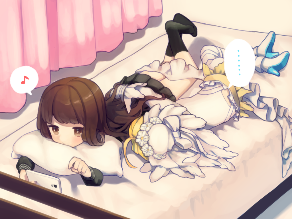 ..., 10s, 2girls, ahoge, bed, blonde_hair, brown_hair, cellphone