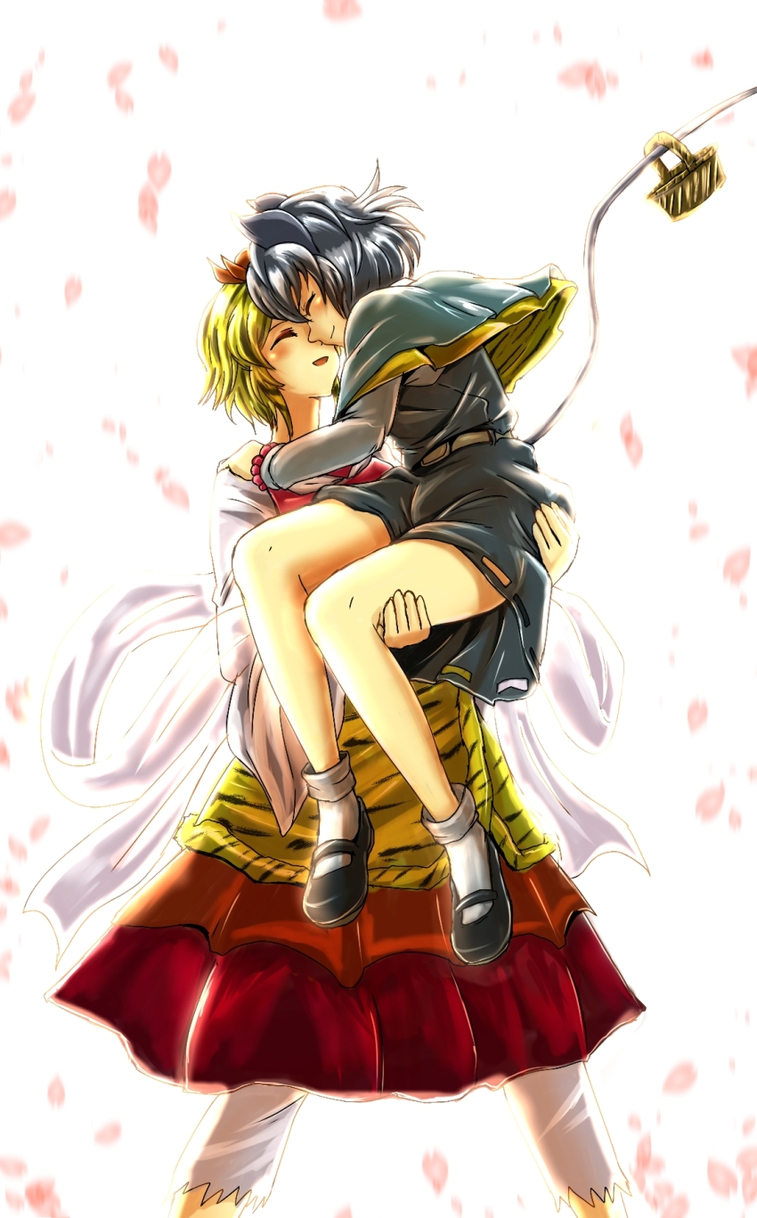 2girls, ^_^, animal_ears, animal_print, basket, belt, black_footwear, blonde_hair