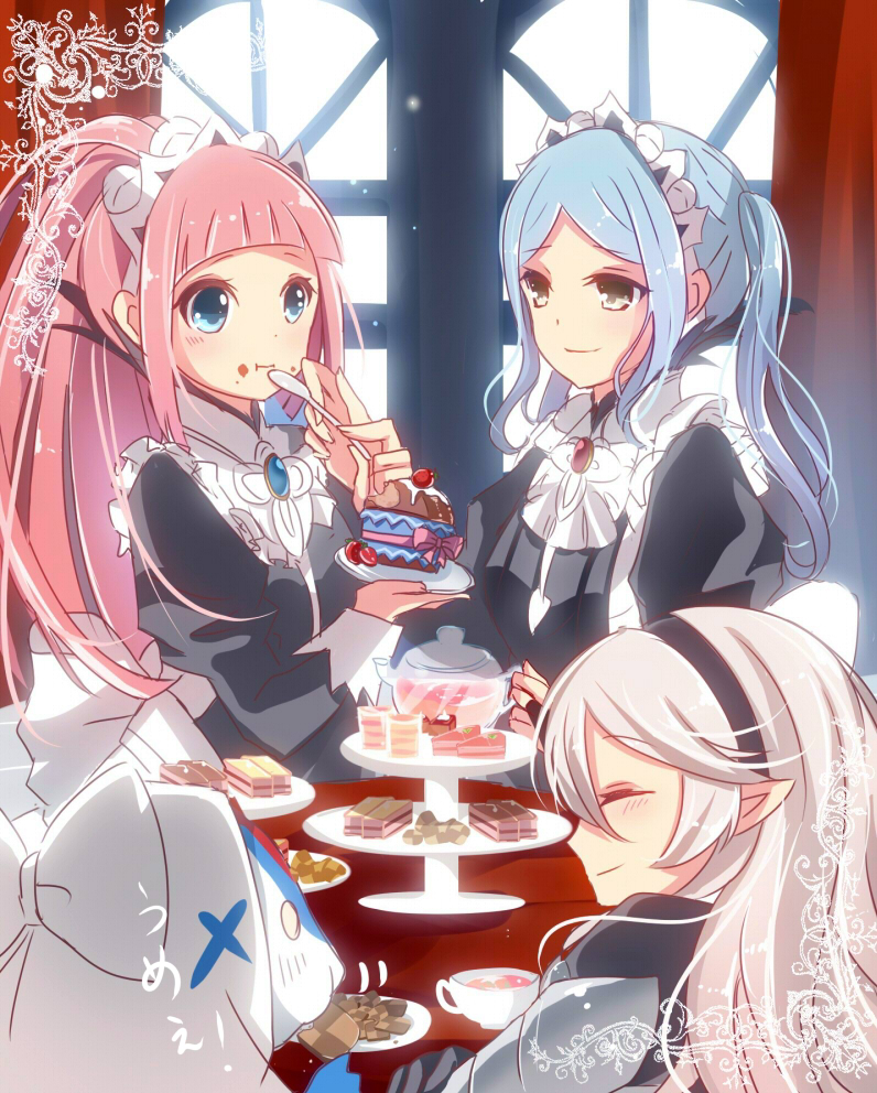 4girls, apron, armor, blue_eyes, blue_hair, blunt_bangs, blush, cake