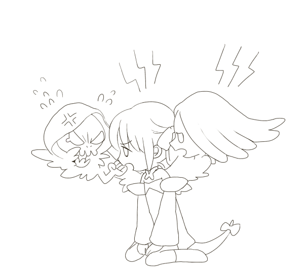 1boy, 2girls, dizzy_(guilty_gear), flying_sweatdrops, greyscale, guilty_gear, hitotsubashi, monochrome