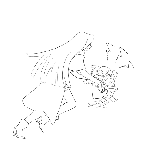 2girls, dizzy_(guilty_gear), female_focus, greyscale, guilty_gear, hitotsubashi, lineart, lowres