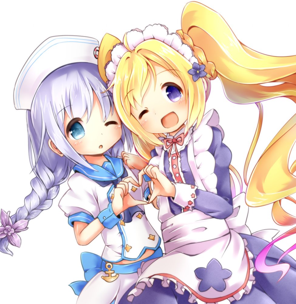 2girls, four-finger_heart_hands, :d, :o, ;d, ;o, anchor, apron
