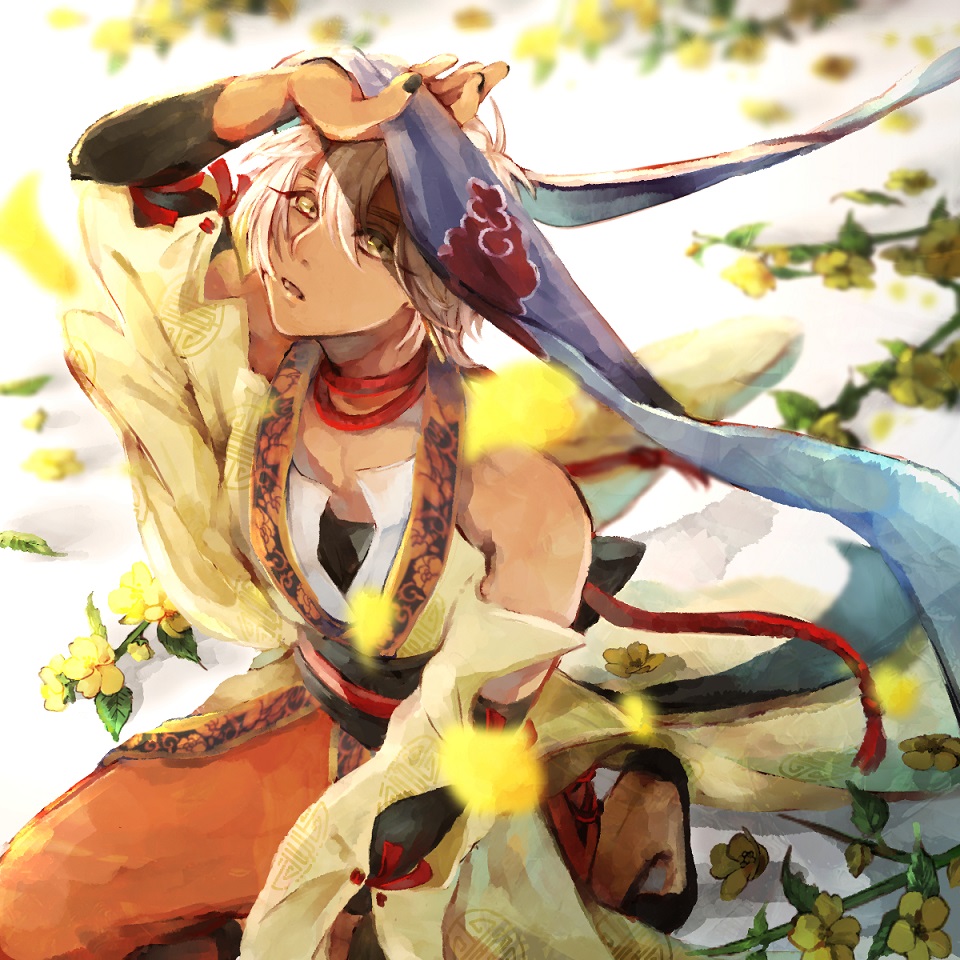 1boy, bandana, bare_shoulders, black_nails, dark_skin, flower, japanese_clothes, kei_(ken_ga_kimi)