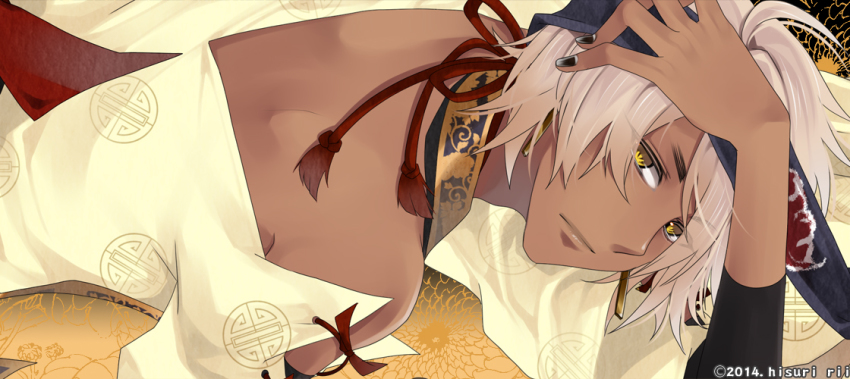 1boy, back, bandana, black_nails, closed_mouth, dark_skin, earrings, hisuririi