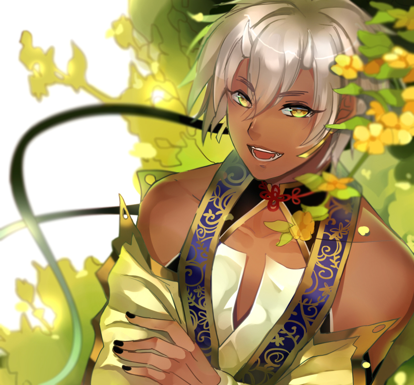 1boy, bare_shoulders, black_nails, collarbone, dark_skin, detached_sleeves, fangs, flower, highres, horns, japanese_clothes, kei_(ken_ga_kimi), ken_ga_kimi, looking_at_viewer, male_focus, male_polish, nail_polish, open_mouth, sandy7367, smile, solo, traditional_clothes, white_hair, yellow_eyes