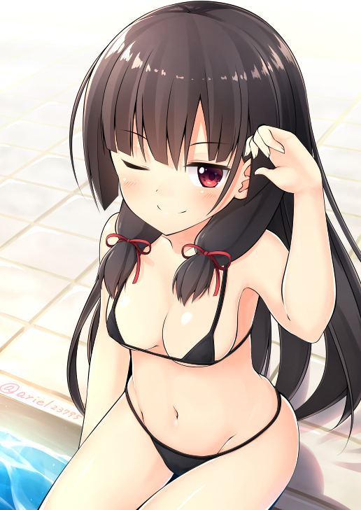 10s, 1girl, ;), adjusting_hair, ariel23795, bikini, black_bikini, black_hair