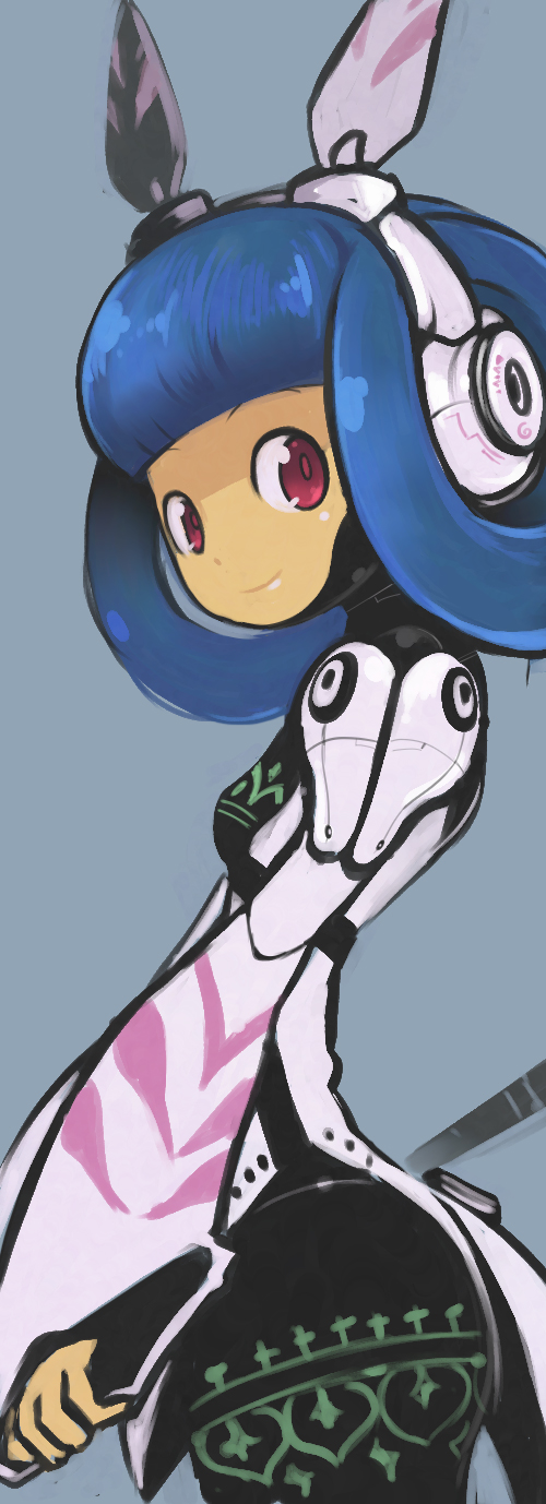 1girl, alfa_system, android, blue_hair, blunt_bangs, female_focus, grey_background, hair_rings