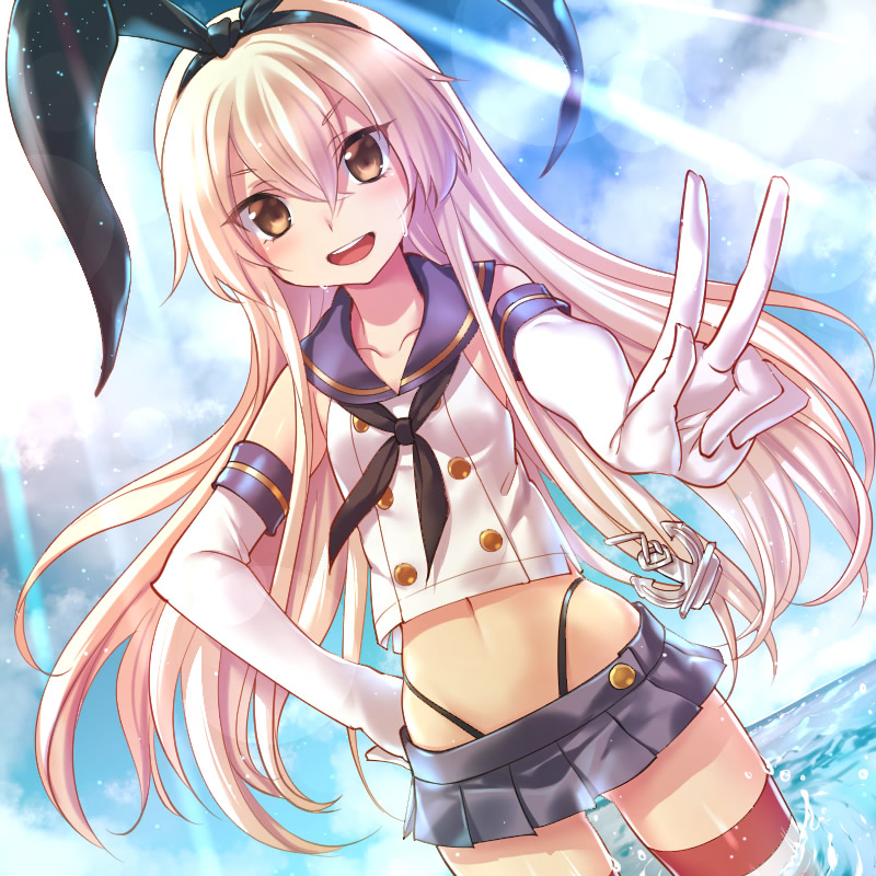 10s, 1girl, anchor_hair_ornament, blonde_hair, blue_skirt, blue_sky, brown_eyes, cloud