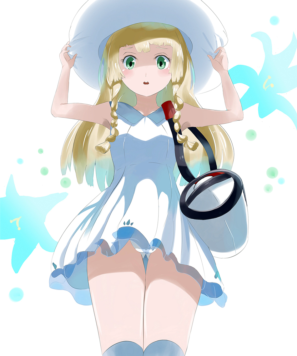 10s, 1girl, blonde_hair, braid, dress, female_focus, hands_on_headwear, hat, lillie_(pokemon), liukensama, long_hair, looking_at_viewer, nintendo, open_mouth, panties, pokemon, pokemon_sun_and_moon, sleeveless, sleeveless_dress, solo, sun_hat, sundress, twin_braids, underwear, white_dress