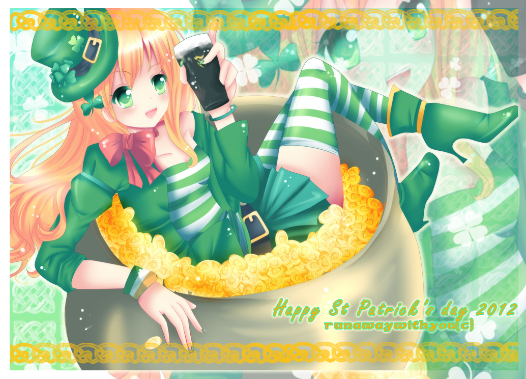 1girl, alcohol, blonde_hair, boots, cauldron, clover, coin, female_focus