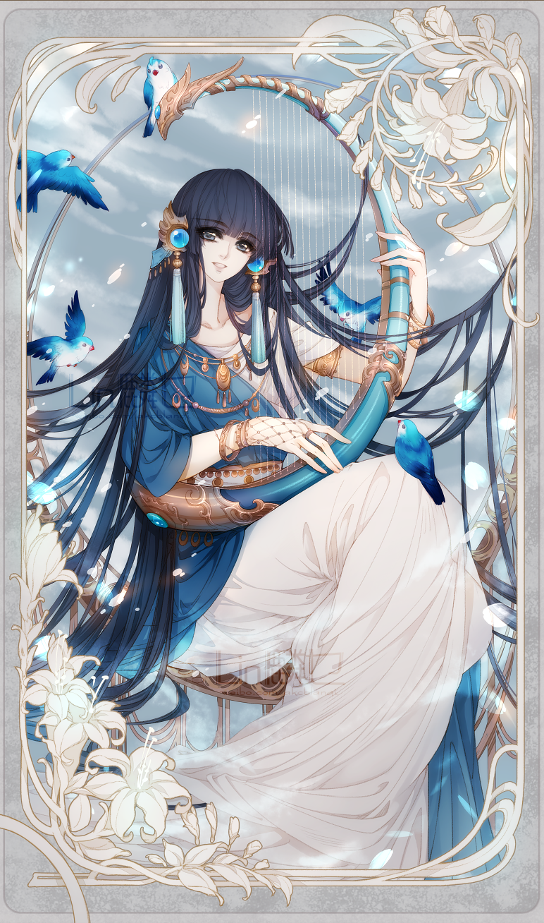 1girl, art_nouveau, bird, black_hair, bracelet, cloud, dress, female_focus, flower, framed, grey_eyes, hair_ornament, harp, highres, instrument, jewelry, kendappa-ou, keylin-lin-, lily_(flower), long_hair, necklace, rg_veda, sitting, sky, smile, solo