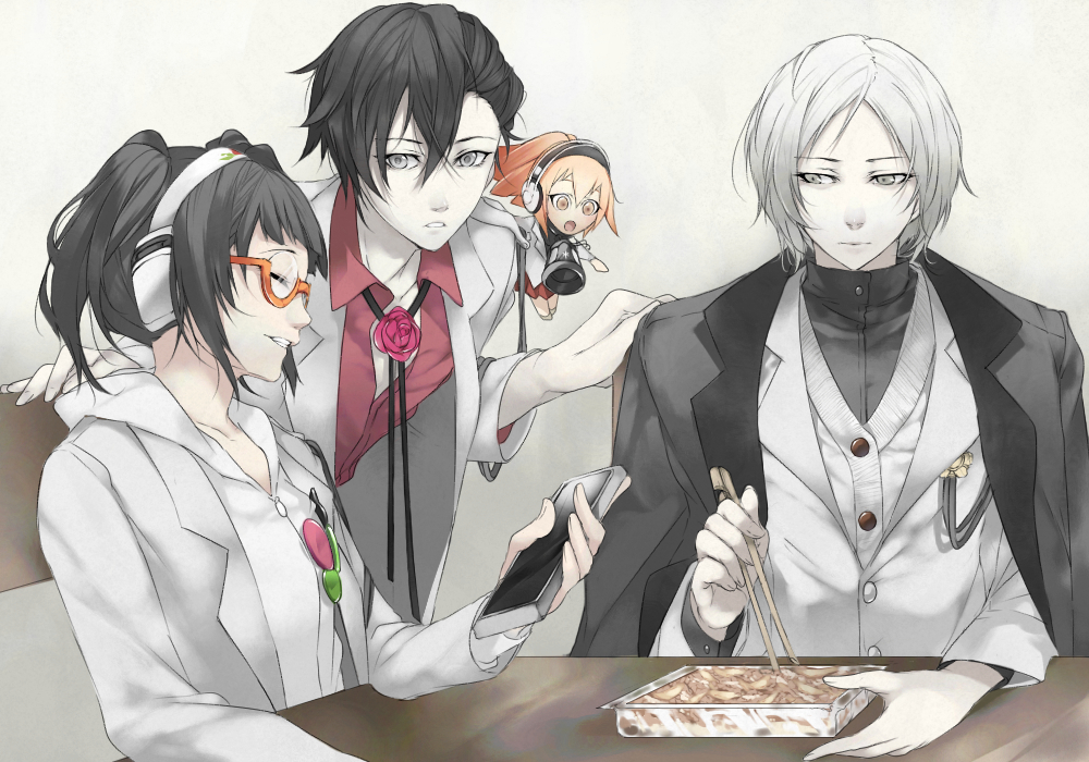 2boys, 2girls, aria_(caligula), bad_id, bad_pixiv_id, black_hair, caligula_(game), caligula_(series)