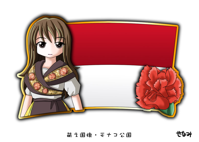 1girl, brown_eyes, brown_hair, carnation, flag, flower, long_hair, monaco_(country)