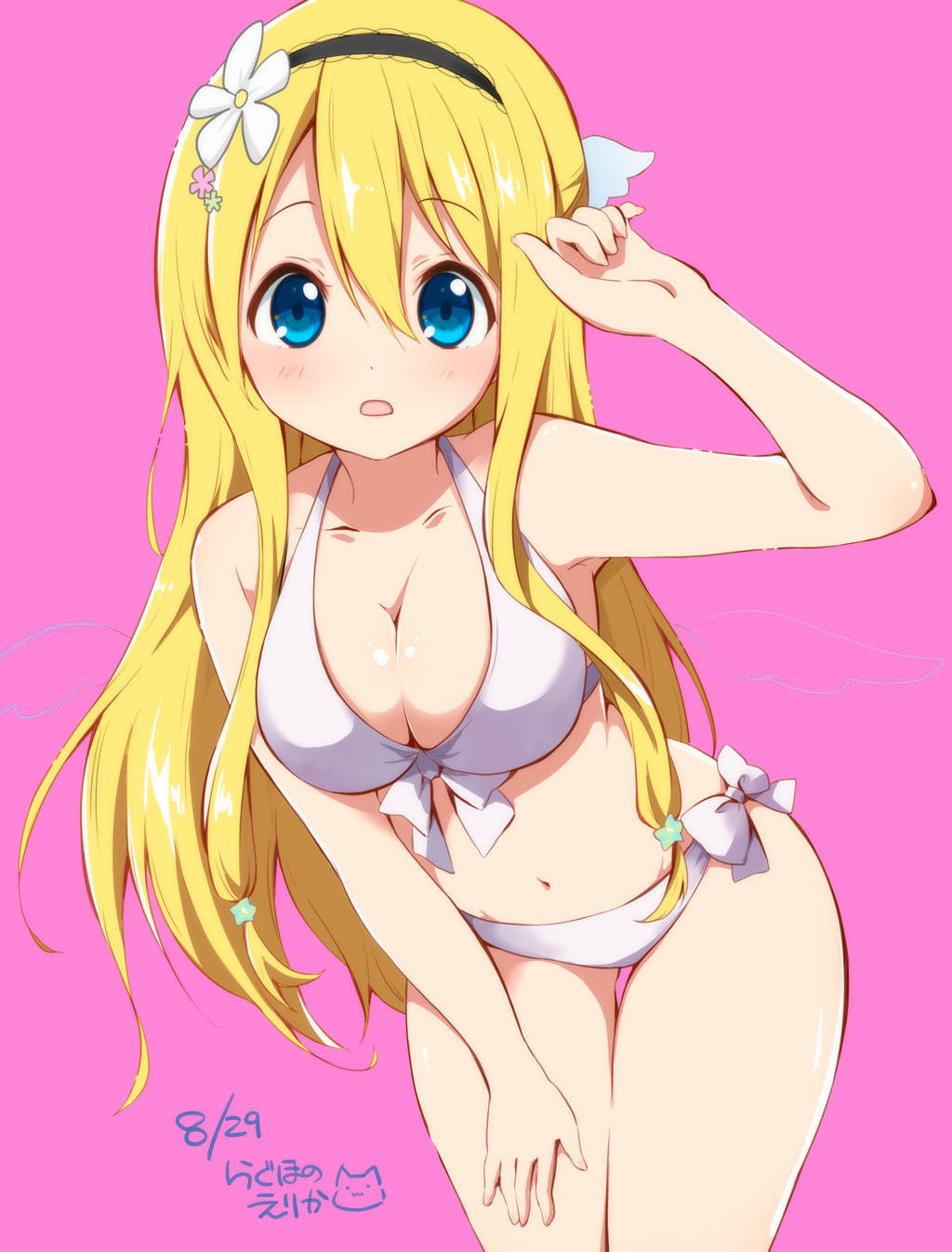 1girl, amatsuka_poi, artist_name, bare_shoulders, bikini, blonde_hair, blue_eyes, blush