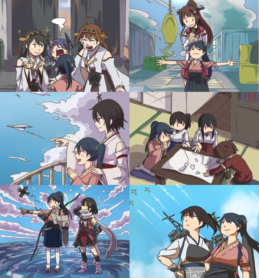 10s, 6+girls, ahoge, aircraft, airplane, akagi_(kancolle), betchan, black_hair