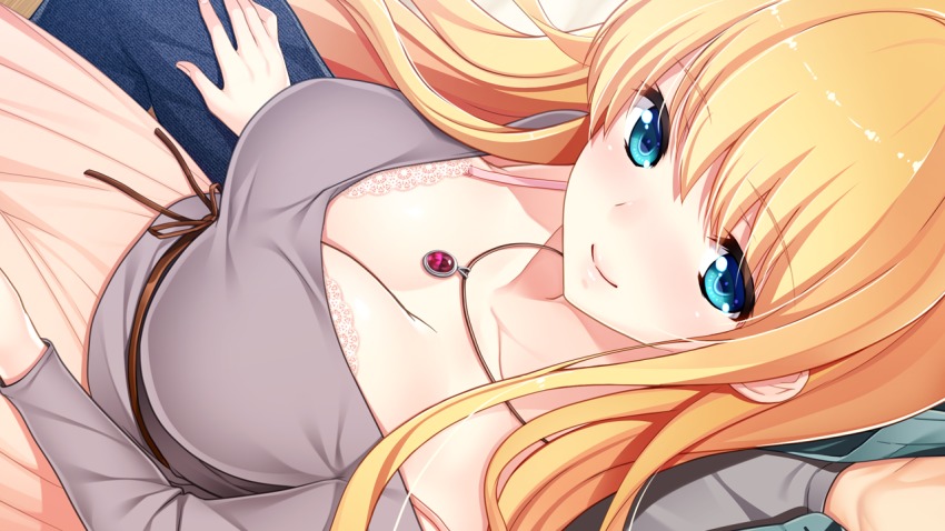 1boy, 1girl, bethly_rose_daisley, blonde_hair, blue_eyes, blush, bra, breasts