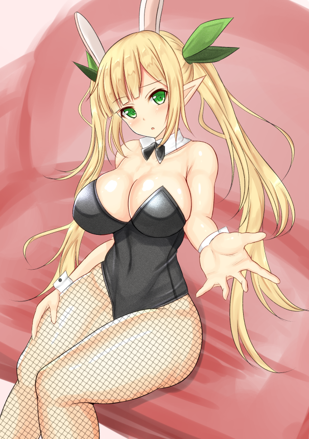1girl, :o, animal_ears, bare_shoulders, blonde_hair, blush, breasts, cleavage