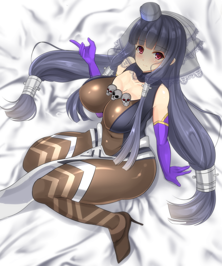 1girl, agnes_(sennen_sensou_aigis), arm_support, black_hair, blunt_bangs, blush, breasts, brown_shoes, cleavage, closed_mouth, elbow_gloves, female_focus, full_body, gloves, high_heels, large_breasts, loincloth, long_hair, looking_at_viewer, low-tied_long_hair, low_twintails, noeomi, purple_gloves, red_eyes, sennen_sensou_aigis, shoes, sitting, skin_tight, skull, smile, solo, spandex, twintails, unitard, veil, very_long_hair