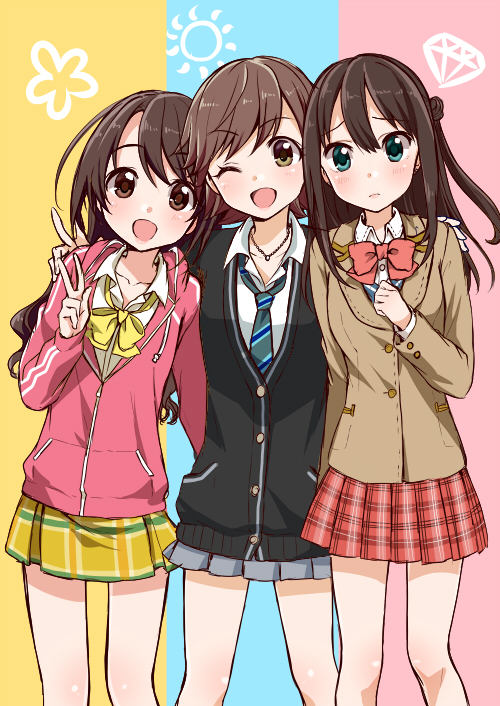 3girls, ;d, alternate_hairstyle, blazer, blush, brown_eyes, brown_hair, cardigan
