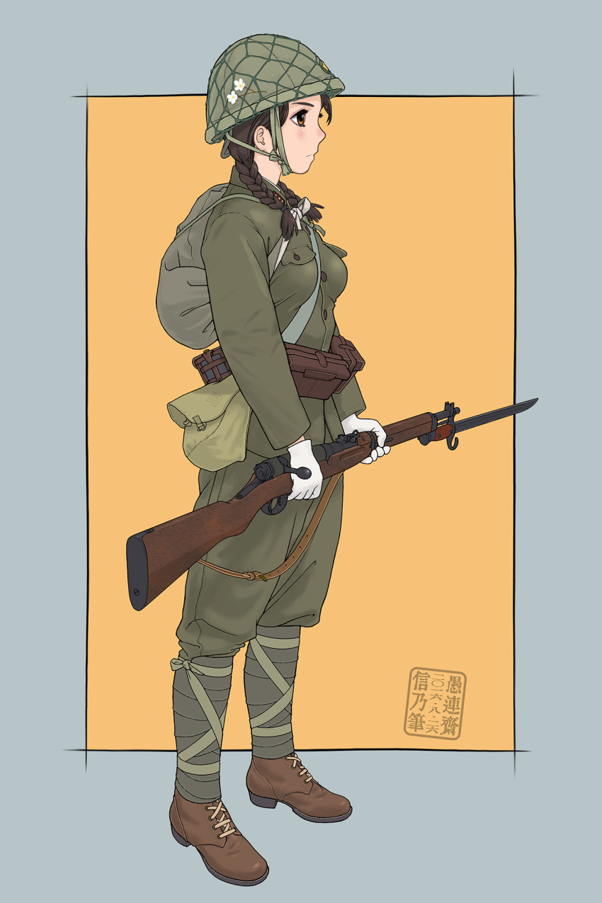 1girl, arisaka, backpack, bag, bayonet, belt, between_breasts, bolt_action, boots, braid, breasts, brown_eyes, female_focus, flower, full_body, gun, helmet, highres, imperial_japanese_army, military, military_uniform, original, pouch, profile, puttee, rifle, sino, sino_(mechanized_gallery), solo, standing, strap_between_breasts, twin_braids, weapon, world_war_ii