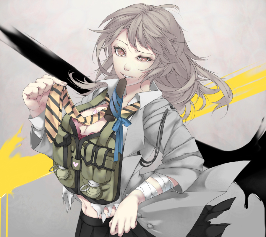 1girl, bad_id, bad_pixiv_id, bandages, bomb, breasts, brown_hair, caligula_(game), caligula_(series), cleavage, dynamite, explosive, female_focus, grenade, haruno14, heart, heart-shaped_pupils, large_breasts, mizuguchi_marie, mouth_hold, necktie, ribbon, smile, solo, spoilers, symbol-shaped_pupils, torn_clothes, uneven_eyes