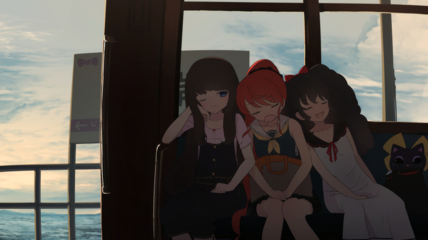 4girls, :d, ;), alternate_hairstyle, bad_id, bad_pixiv_id, black_skirt, blue_eyes